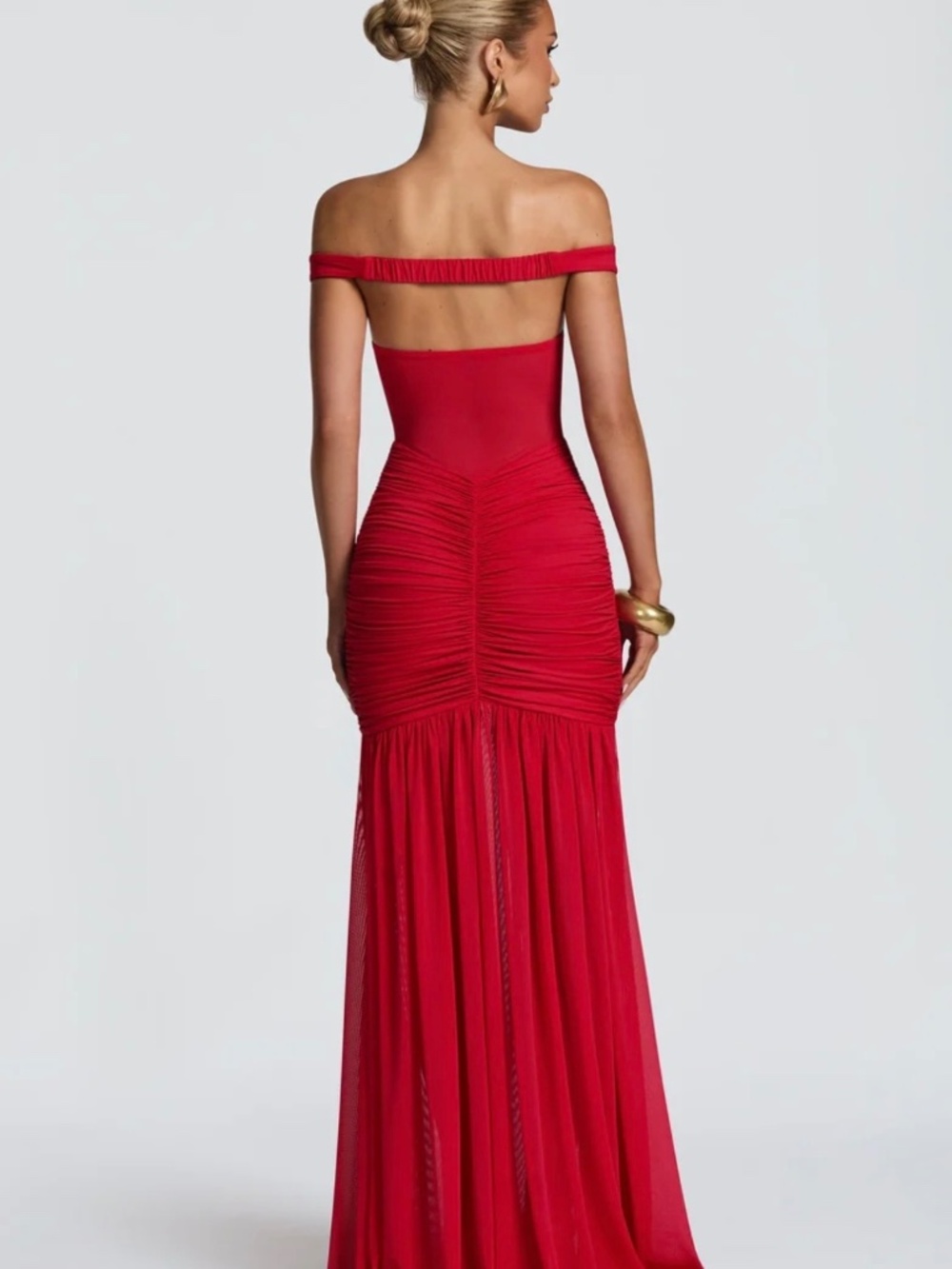 Red Off Shoulder Ruched Maxi Dress w/ High split - Picture 2 of 2